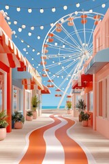 Fototapeta premium Pastel seaside boardwalk with ferris wheel, string lights and sunny carnival walkway