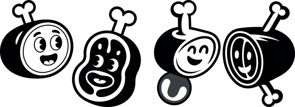 Collection of cartoon meat and steak illustrations with faces raw meat food service funny food illustration character restaurant emoticon