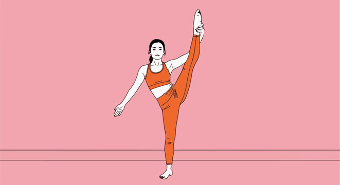 Person in orange workout clothes performing a high leg extension