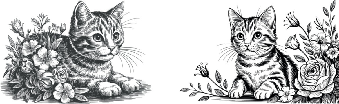 Vintage kitten surrounded by roses illustration with line art animal portrait illustration domestic adorable botanical ornamental decorative