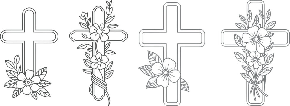 Four simple line art crosses decorated with floral elements decoration religious christianity remembrance illustration minimalist collection