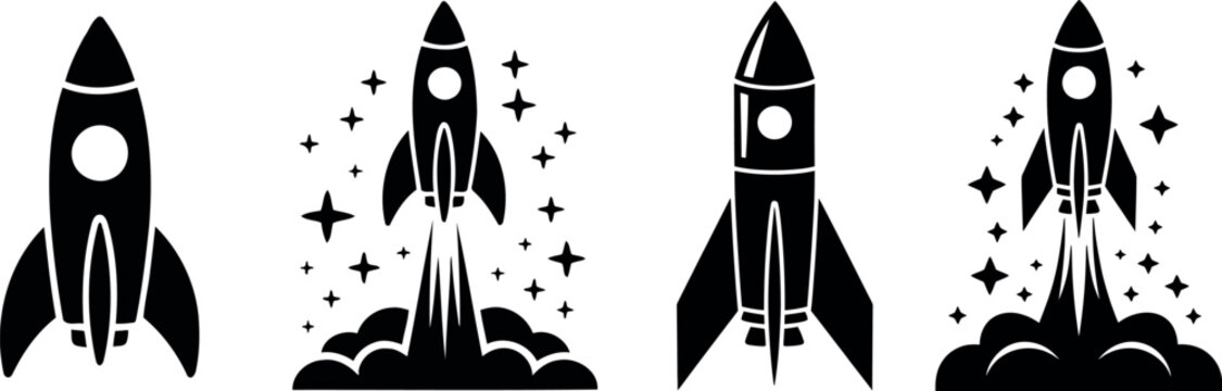 Collection of four rocket ship icons launching with stylized exhaust and stars outer space blast off spaceship illustration silhouette transport