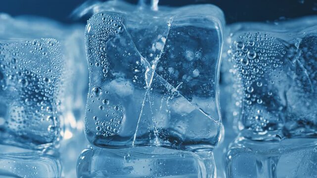 Ice cube close up with frozen transparent blue texture, cold water droplets and bubbles inside, detailed macro view of refreshing cold ice cube surface with smooth cracks and air pockets