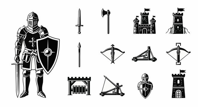 Medieval knight and siege weapons, castle, and towers