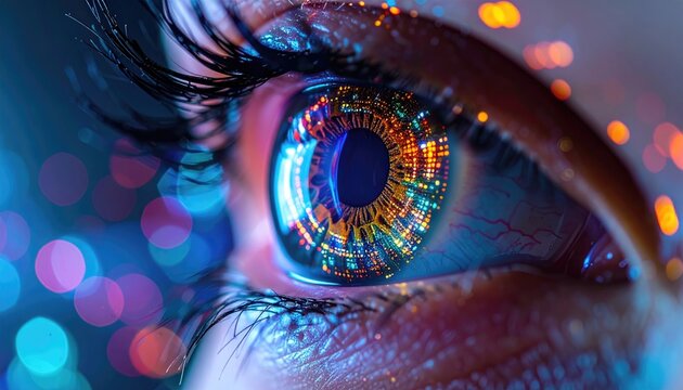  Close-up of an eye reflecting colorful digital lights, symbolizing technology and futuristic vision