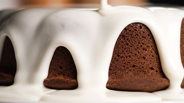 Chocolate cake with creamy white icing dripping down sides, showcasing moist texture and rich sweet dessert appeal in close up view, baked to perfection with smooth frosting and delicious food treat