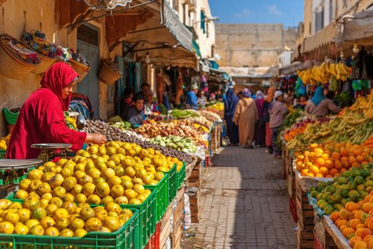 Arab woman vendor selling fresh fruit at a traditional Moroccan market souk