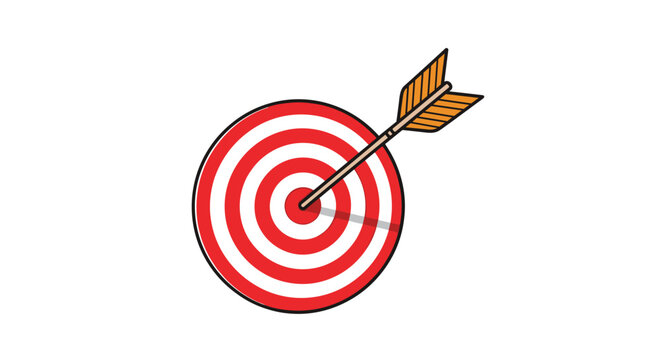 Red and white bullseye target with a single wooden arrow hitting the center point representing goal achievement.