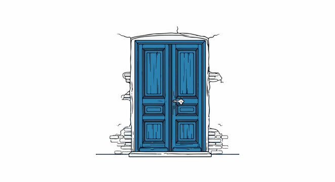 Old blue double doors set in a crumbling brick wall