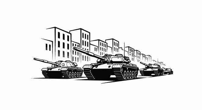 Military tanks advance in a line, with buildings lining the background