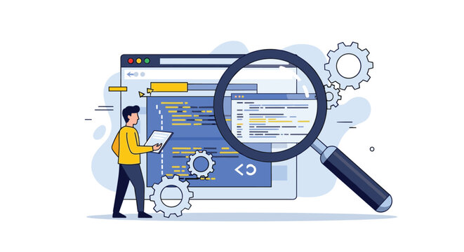 Developer inspecting website code with a large magnifying glass representing search, analysis, and debugging tasks.