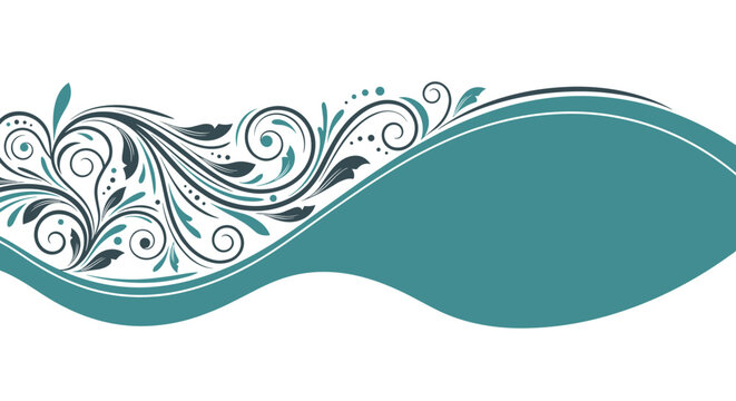 Decorative teal banner with intricate floral scrolls and wave pattern for elegant header and background designs.