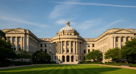 Fototapeta premium Exterior of the Michigan State Capitol building with manicured lawn and blue sky high quality professional