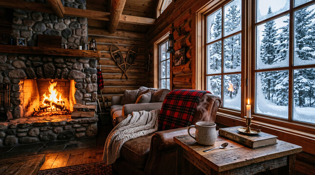 Cozy rustic log cabin interior with stone fireplace and snowy forest view