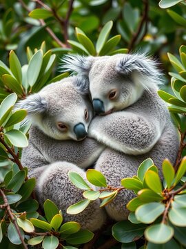Cuddling koalas surrounded by lush green eucalyptus leaves, eucalyptus, nature