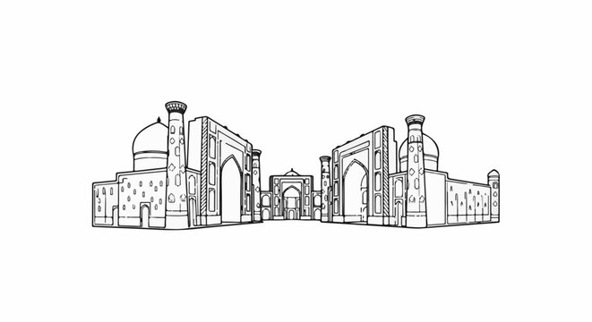 Ornate domes and archways of ancient buildings in a monochrome sketch