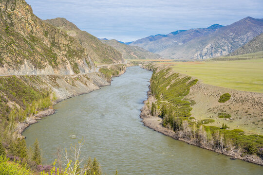Katun River surrounded by mountains in Chuysky Trakt Altai Russia. Scenic Siberian river flowing through rugged mountain landscape.