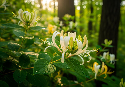 Close up white honeysuckle flowers blooming in lush green garden with soft sunlight and dew drops