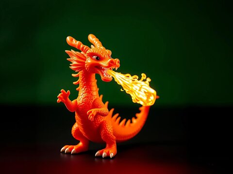 Flaming orange dragon toy figure blowing fire, exciting, flame thrower