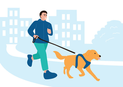 Man Jogging with Golden Retriever Dog in City Park