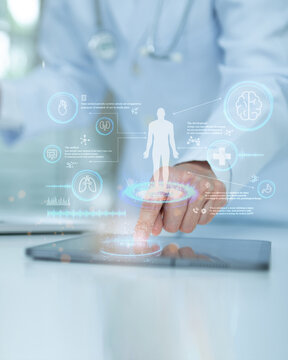 Medical technology or telehealth or telemedicine concept. Medicine Doctor or Physician are Health Check with digital system support for patient with medical icon.	