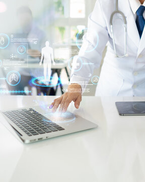 Medical technology or telehealth or telemedicine concept. Medicine Doctor or Physician are Health Check with digital system support for patient with medical icon.	