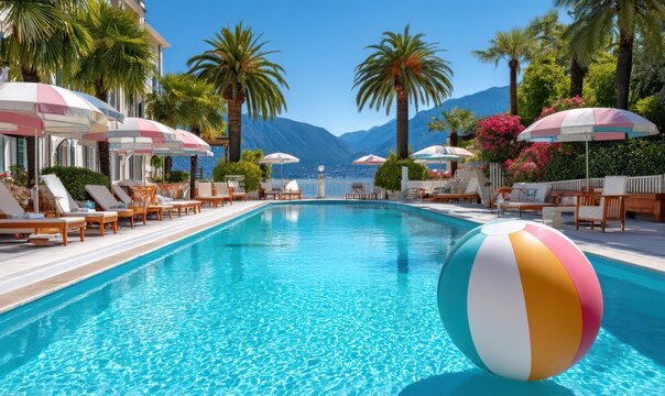 Beach ball floating in a luxury hotel pool with palm trees, umbrellas and mountain views