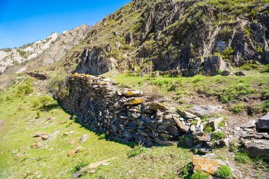 Ancient road near Chuysky Trakt Altai Russia once part of the Silk Road. Historic trade route crossing mountainous Siberian landscape.