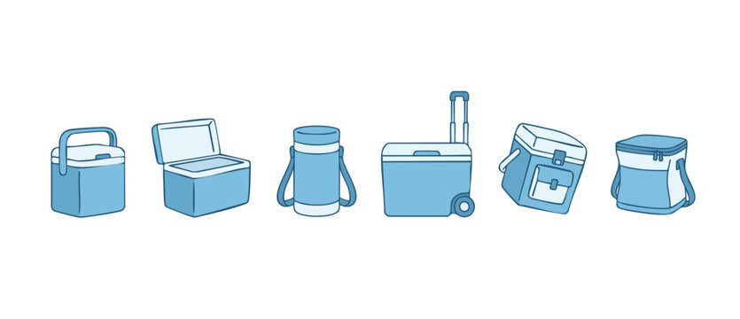 Cooler bag and ice box collection isolated vector icons set, summer portable cooling equipment for camping, beach picnic, food storage, thermal lunch box, travel supply, blue flat linear illustration.