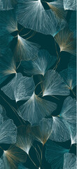 Fototapeta premium Abstract pattern featuring teal and white fan shapes with golden highlights on a dark teal background. Fan-shaped lines seamless pattern with golden accents