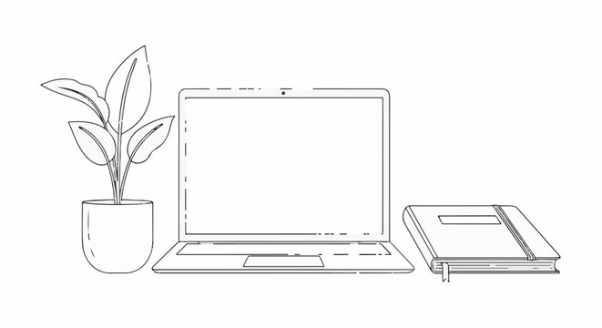 Minimalist desk setup with a potted plant, open laptop, and closed notebook