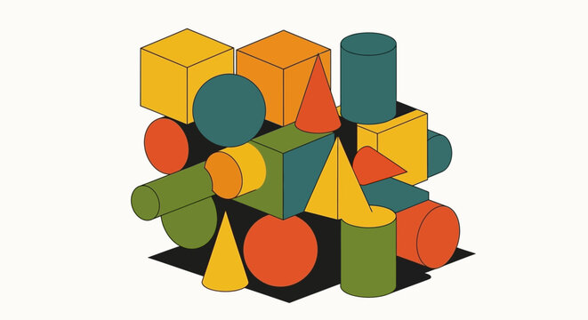 Abstract Composition of Colorful Geometric 3D Shapes and Solids