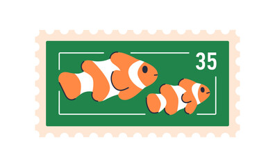 Obraz premium Tropical water fish, post stamp design. Sea fauna, marine travel souvenir. Clownfishes swimming undersea, exotic animals, postal mark, postmark. Flat vector illustration isolated on white background