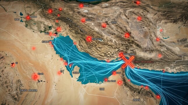 Detailed Geopolitical Infographic Map of the Persian Gulf and Strait of Hormuz Highlighting Maritime Shipping Routes and Tension Heat Zones