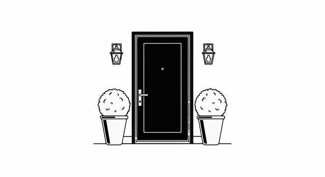 Minimalist illustration of a black door flanked by potted topiaries and wall lamps