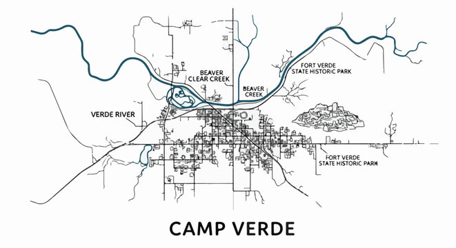 Map of Camp Verde, AZ, showing Verde River, Beaver Creek, and historic park