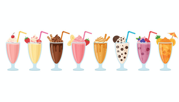Set of many delicious milkshakes and fruit smoothies in glass cups with toppings like strawberries, chocolate, cookies, and fruit isolated on white background