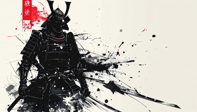 An ink painting depicting a Japanese samurai	_日本の侍を描いた水墨画