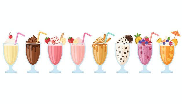 Set of delicious milkshakes and smoothies in tall glasses with whipped cream, chocolate, strawberry, caramel, and fruit toppings isolated on white background.