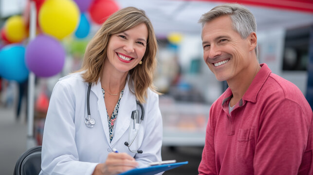 Cholesterol screening nurse writing results on a clipboard while a middle-aged man sits beside her at a community health fair booth, balloons tied to tent poles in background, idea