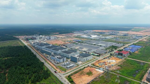 Aerial Push-In of Hyperscale Data Center HVAC Arrays and Solar Warehouse Campus, Sedenak Tech Park Malaysia