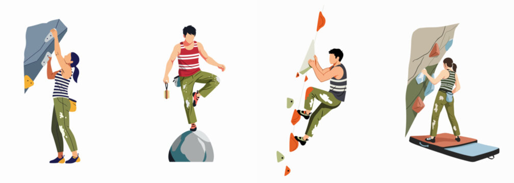 Set of flat vector illustrations of people rock climbing and bouldering in an indoor gym, showcasing various climbing poses and gear.