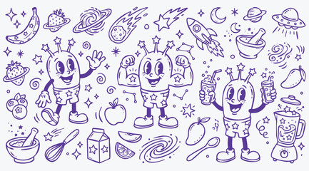 Fototapeta premium Vintage 1930s Rubber Hose Style Galaxy and Smoothie Mascot and Outer Space Bakery Doodle Set