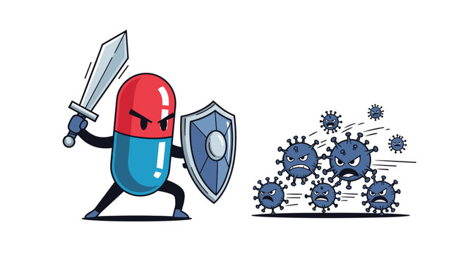 Brave pill character wearing a helmet and carrying a sword and shield while fighting against a group of angry virus germs.
