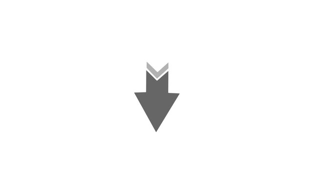 Black Downward Directional Arrows Animation on White Background, Representing Decreasing Trends, Financial Loss, Negative Growth, and Download Progress Symbol.