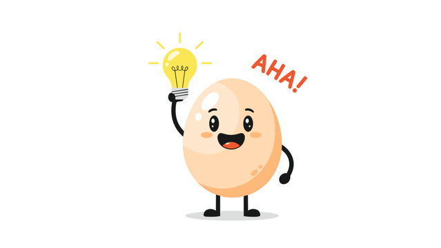 Enthusiastic egg character holding a glowing light bulb while shouting aha to represent a sudden moment of discovery and idea.