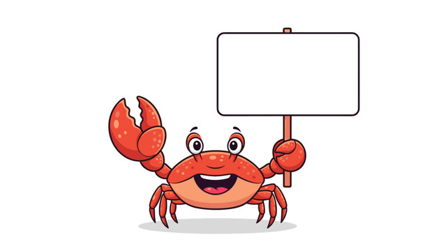 Happy red crab character with a large pincer raised holding a blank white sign board for coastal themed announcements.
