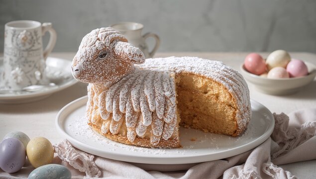 Osterlamm cake shaped like a lamb and dusted with powdered sugar, presented with a soft texture and traditional Easter baking style