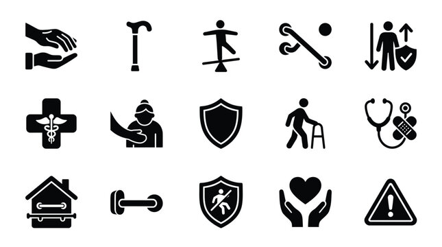 Collection of icons representing healthcare, senior care, physical therapy, and well-being with symbols for assistance, mobility, safety, and health.
