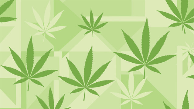 Seamless background pattern features green marijuana leaves on a light geometric background for cannabis culture and medicine.